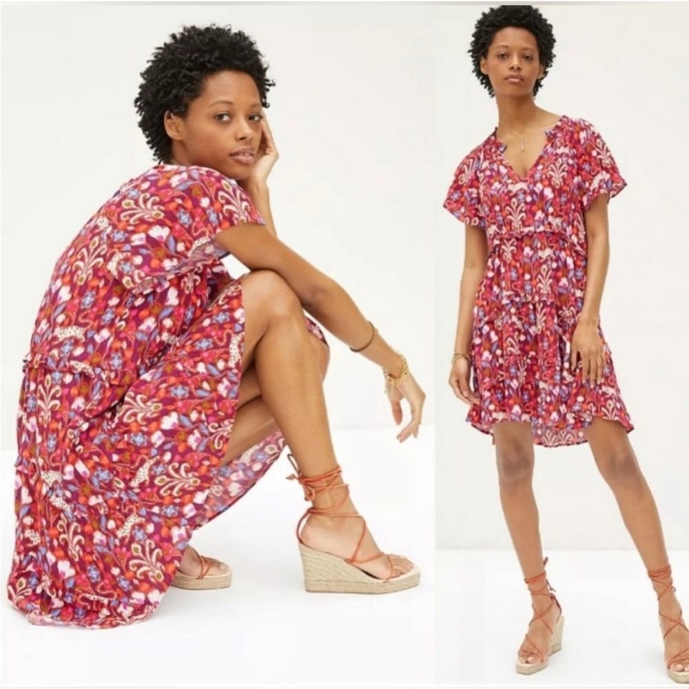 Anthropologie Robin Tiered sundress red Purple Ruffle Flowy Floral large NEW